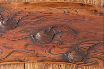 市川周道作　雲蝙蝠　飾り盆(木彫、煎茶道具、前茶盆)(R-052446)