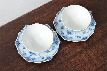 ROYAL COPENHAGEN　ロイヤルコペンハーゲン　ブルーフルーテッド　フルレース　カップ&ソーサー2客(洋食器)(定価88,000円)(R-052459)