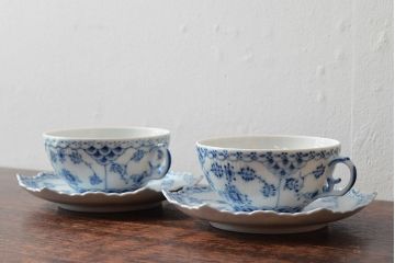 ROYAL COPENHAGEN　ロイヤルコペンハーゲン　ブルーフルーテッド　フルレース　カップ&ソーサー2客(洋食器)(定価88,000円)(R-052459)