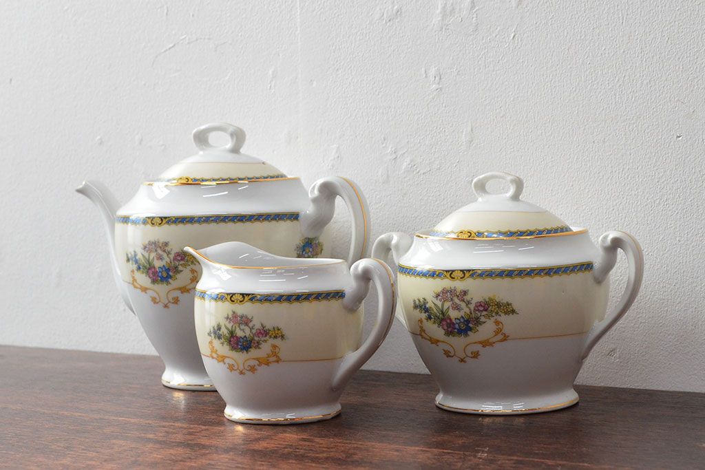 オールドノリタケ(日本陶器)　Noritake　ヤジロベー印　ポット・シュガー・クリーマー3点(洋食器)(R-052467)