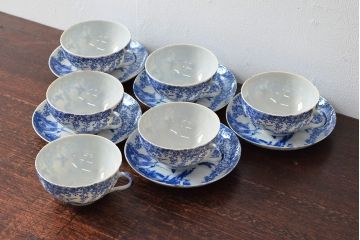 大正〜昭和初期　大日本庁桐造　花鳥図印判　カップ&ソーサー5客・カップ1点(R-052477)