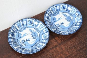 江戸期　古染付芙蓉手染付　七寸皿2枚(バッタ)(R-052480)