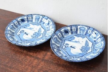 江戸期　古染付芙蓉手染付　七寸皿2枚(バッタ)(R-052480)