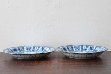 江戸期　古染付芙蓉手染付　七寸皿2枚(バッタ)(R-052480)