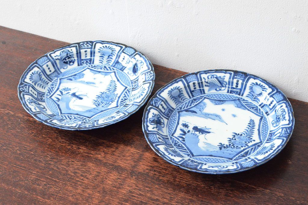 江戸期　古染付芙蓉手染付　七寸皿2枚(バッタ)(R-052481)