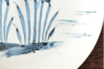 江戸期　古伊万里　花蝶図　染付　六寸皿2枚(和食器)(R-052482)