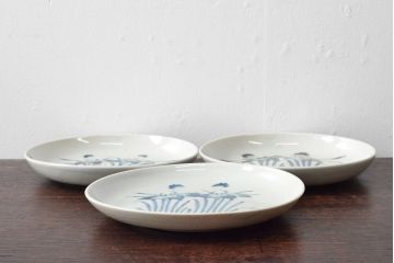 江戸期　古伊万里　花蝶図　染付　六寸皿3枚(和食器)(R-052483)