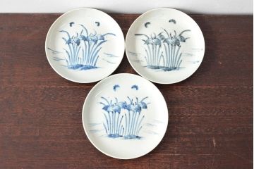 江戸期　古伊万里　花蝶図　染付　六寸皿3枚(和食器)(R-052483)