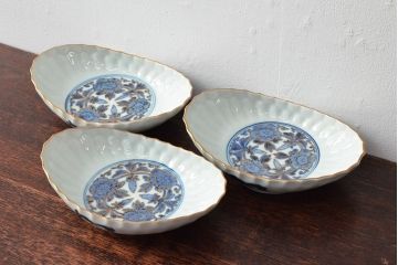 江戸期　古伊万里　大明年製　金縁花文染付　変形皿3枚(和食器)(R-052485)