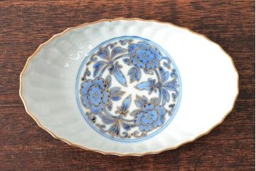 江戸期　古伊万里　大明年製　金縁花文染付　変形皿3枚(和食器)(R-052485)