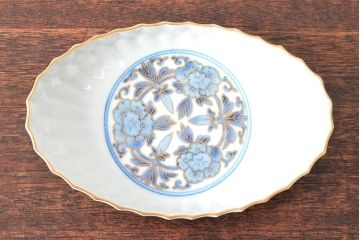 江戸期　古伊万里　大明年製　金縁花文染付　変形皿2枚(和食器)(R-052486)