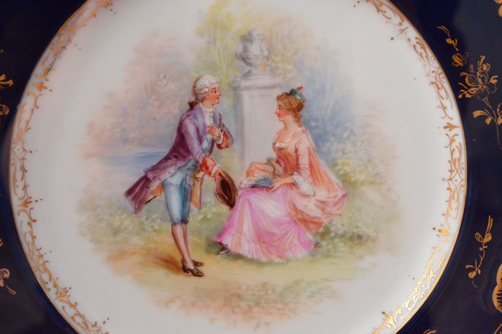 ドレスデン　ラム工房　瑠璃金彩　貴婦人と伯爵　額皿(飾り皿)(R-052505)