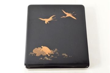 明治〜大正　鶴亀図　金蒔絵内梨地　小箱(木製、漆器、文箱、硯箱)(R-052517)