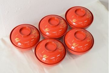 明治〜大正　沈金蒔絵朱塗椀5客(木製、漆器)(R-052568)