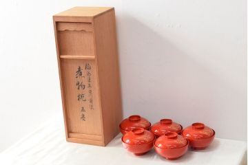 明治〜大正　沈金蒔絵朱塗椀5客(木製、漆器)(R-052569)