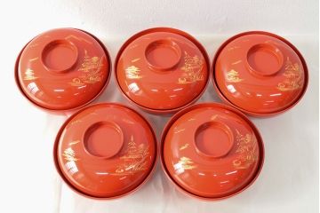 明治〜大正　沈金蒔絵朱塗椀5客(木製、漆器)(R-052569)