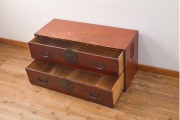 中古　前面ケヤキ材　モダンな空間にも取り入れやすい相馬箪笥・上段(和箪笥、重ね箪笥、衣装箪笥、引き出し、チェスト)(R-052574)