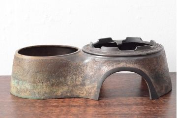 明治〜大正　銅製銅壷(湯釜、陽刻、茶道具、銅壺)(R-052577)