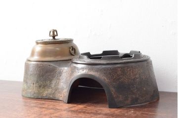 明治〜大正　銅製銅壷(湯釜、陽刻、茶道具、銅壺)(R-052577)
