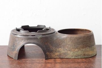 明治〜大正　銅製銅壷(湯釜、陽刻、茶道具、銅壺)(R-052577)