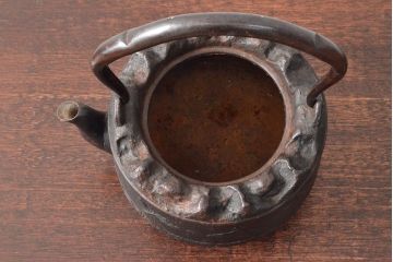 古い　龍文堂　鉄瓶(取手銀象嵌、カラス図、茶道具)(R-052578)