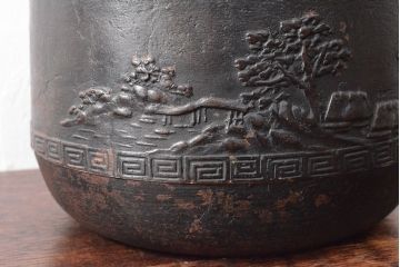 古い　龍文堂　鉄瓶(取手銀象嵌、カラス図、茶道具)(R-052578)