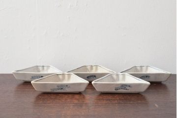 江戸期　古い　富士山型　染付皿5枚(鶴図、変形皿、和食器)(R-052579)