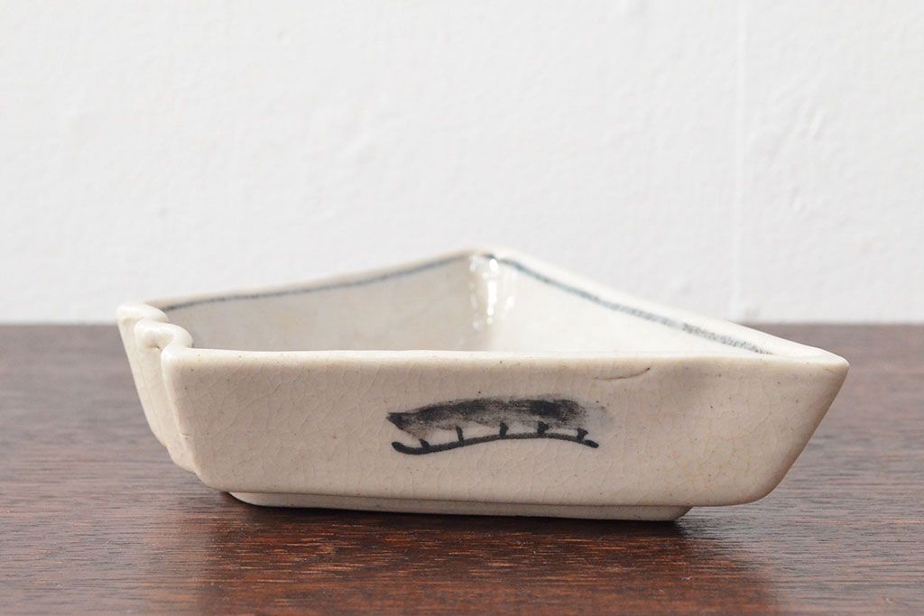 江戸期　古い　富士山型　染付皿5枚(鶴図、変形皿、和食器)(R-052579)