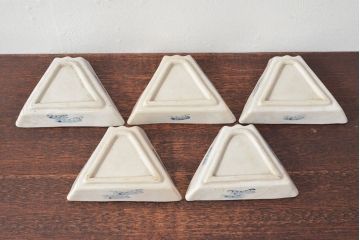 江戸期　古い　富士山型　染付皿5枚(鶴図、変形皿、和食器)(R-052579)