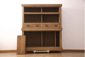 中古　美品　国産手造り家具　ケヤキ材製　品のある佇まいが上質な和の空間にぴったりな水屋箪笥(定価約66万円)(食器棚、収納棚、和風キャビネット、重ねタンス)(R-052598)