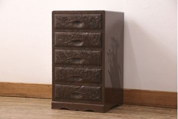 中古　伝統工芸　日光彫り　三種の花が楽しめる小引き出し(小物収納、卓上収納)(R-052609)