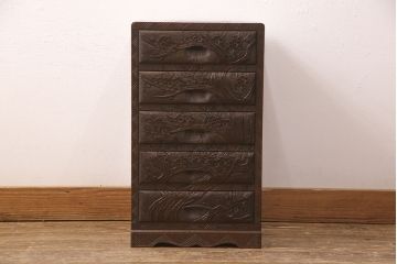 中古　伝統工芸　日光彫り　三種の花が楽しめる小引き出し(小物収納、卓上収納)(R-052609)