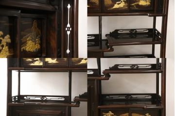 中古　国産工芸家具　林光琳 作　黒檀(コクタン)　品のある佇まいが美しい蒔絵飾り棚(収納棚、戸棚、茶タンス)(R-052614)