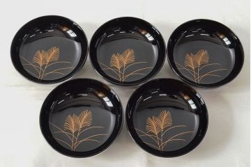 美品　輪島塗　平野漆器店　秋草蒔絵　木製雑煮椀5客(黒漆、お椀、漆器)(R-052616)