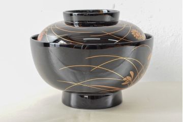 美品　輪島塗　平野漆器店　秋草蒔絵　木製雑煮椀5客(黒漆、お椀、漆器)(R-052616)