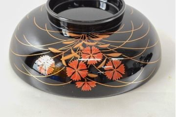美品　輪島塗　平野漆器店　秋草蒔絵　木製雑煮椀5客(黒漆、お椀、漆器)(R-052616)