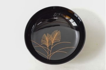 美品　輪島塗　平野漆器店　秋草蒔絵　木製雑煮椀5客(黒漆、お椀、漆器)(R-052616)