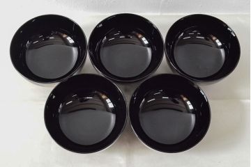 美品　輪島塗　平野漆器店　秋草蒔絵　木製雑煮椀5客(黒漆、お椀、漆器)(R-052616)