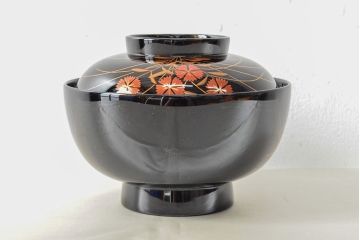 美品　輪島塗　平野漆器店　秋草蒔絵　木製雑煮椀5客(黒漆、お椀、漆器)(R-052616)