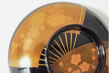 美品　輪島塗　平野漆器店　扇面蒔絵　木製雑煮椀5客(黒漆、お椀、漆器)(R-052617)