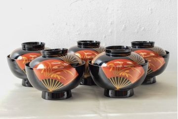 美品　輪島塗　平野漆器店　扇面蒔絵　木製雑煮椀5客(黒漆、お椀、漆器)(R-052617)