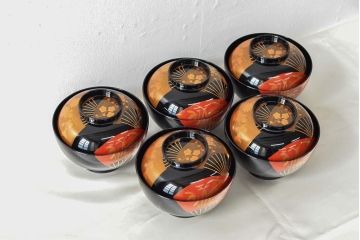 美品　輪島塗　平野漆器店　扇面蒔絵　木製雑煮椀5客(黒漆、お椀、漆器)(R-052617)