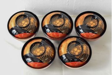 美品　輪島塗　平野漆器店　扇面蒔絵　木製雑煮椀5客(黒漆、お椀、漆器)(R-052617)
