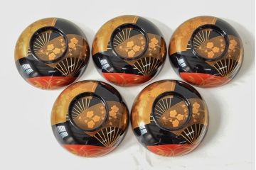 美品　輪島塗　平野漆器店　扇面蒔絵　木製雑煮椀5客(黒漆、お椀、漆器)(R-052617)