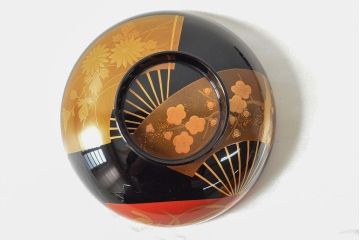 美品　輪島塗　平野漆器店　扇面蒔絵　木製雑煮椀5客(黒漆、お椀、漆器)(R-052617)