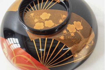 美品　輪島塗　平野漆器店　扇面蒔絵　木製雑煮椀5客(黒漆、お椀、漆器)(R-052617)