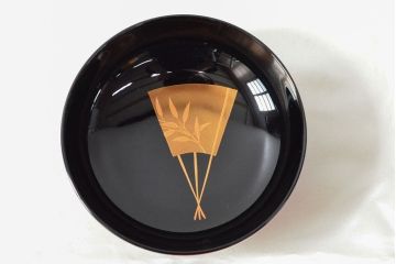 美品　輪島塗　平野漆器店　扇面蒔絵　木製雑煮椀5客(黒漆、お椀、漆器)(R-052617)