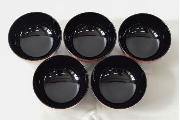 美品　輪島塗　平野漆器店　扇面蒔絵　木製雑煮椀5客(黒漆、お椀、漆器)(R-052617)