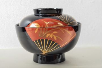 美品　輪島塗　平野漆器店　扇面蒔絵　木製雑煮椀5客(黒漆、お椀、漆器)(R-052617)
