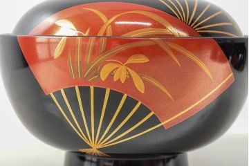 美品　輪島塗　平野漆器店　扇面蒔絵　木製雑煮椀5客(黒漆、お椀、漆器)(R-052617)